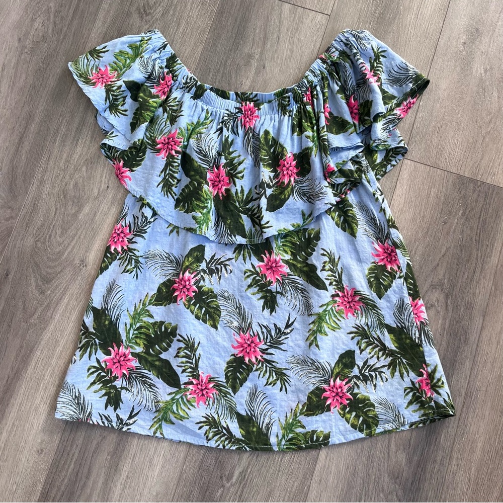 Umgee Blue Floral Ruffle Blouse